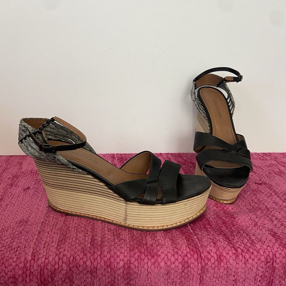 Derek Lam Ayami Leather Wedge Platform Sandals Black Tan Size EU 38 1/2